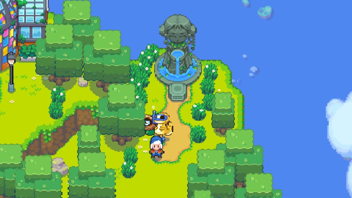Moonstone Island screenshot showing a pixel art character standing just beneath a stone statue filled with water