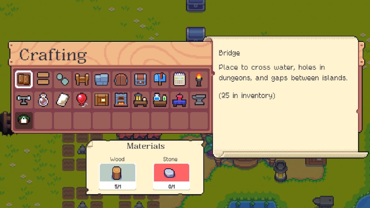 Moonstone Island screenshot showing the crafting menu with the page for bridges open showing the crafting recipe and how many the player is currently holding