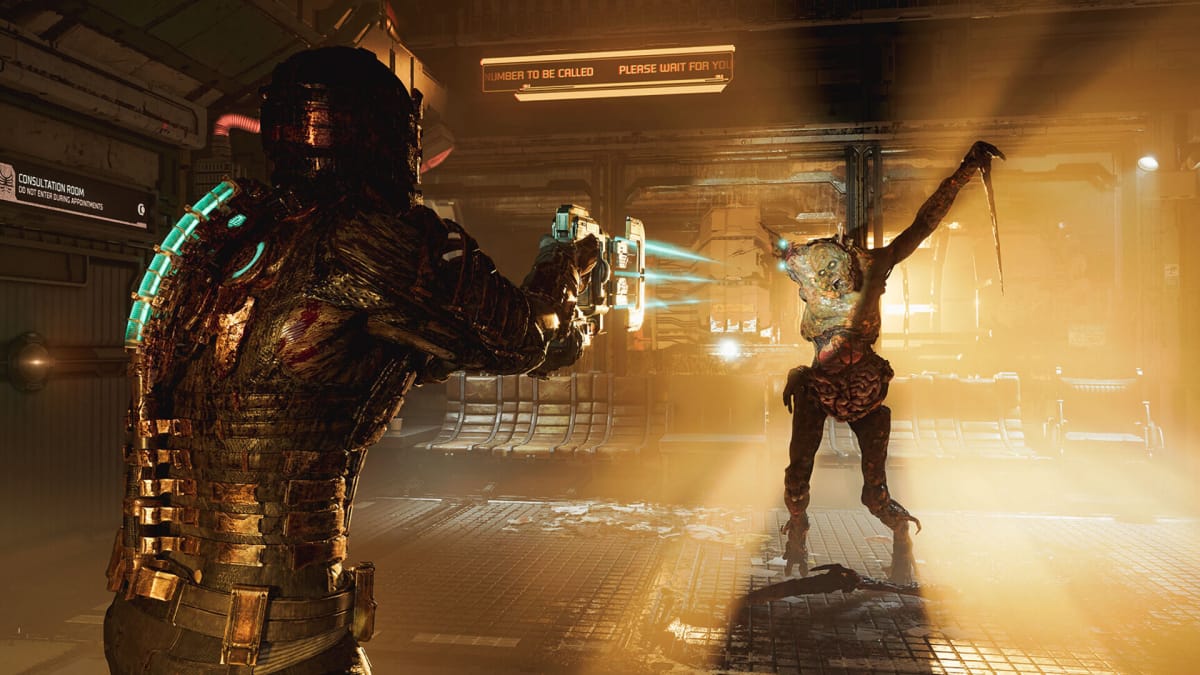 Isaac aiming his weapon at a Necromorph in EA and Motive's Dead Space remake