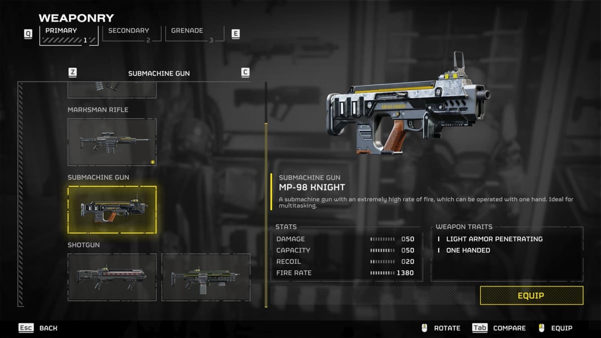 Image of the MP98 Knight Submachine Gun in Helldivers 2, which is part of the purchaseable DLC