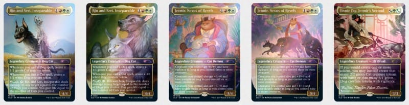 A screenshot of five foil cards from the MTG Cats and Dogs deck Secret Lair