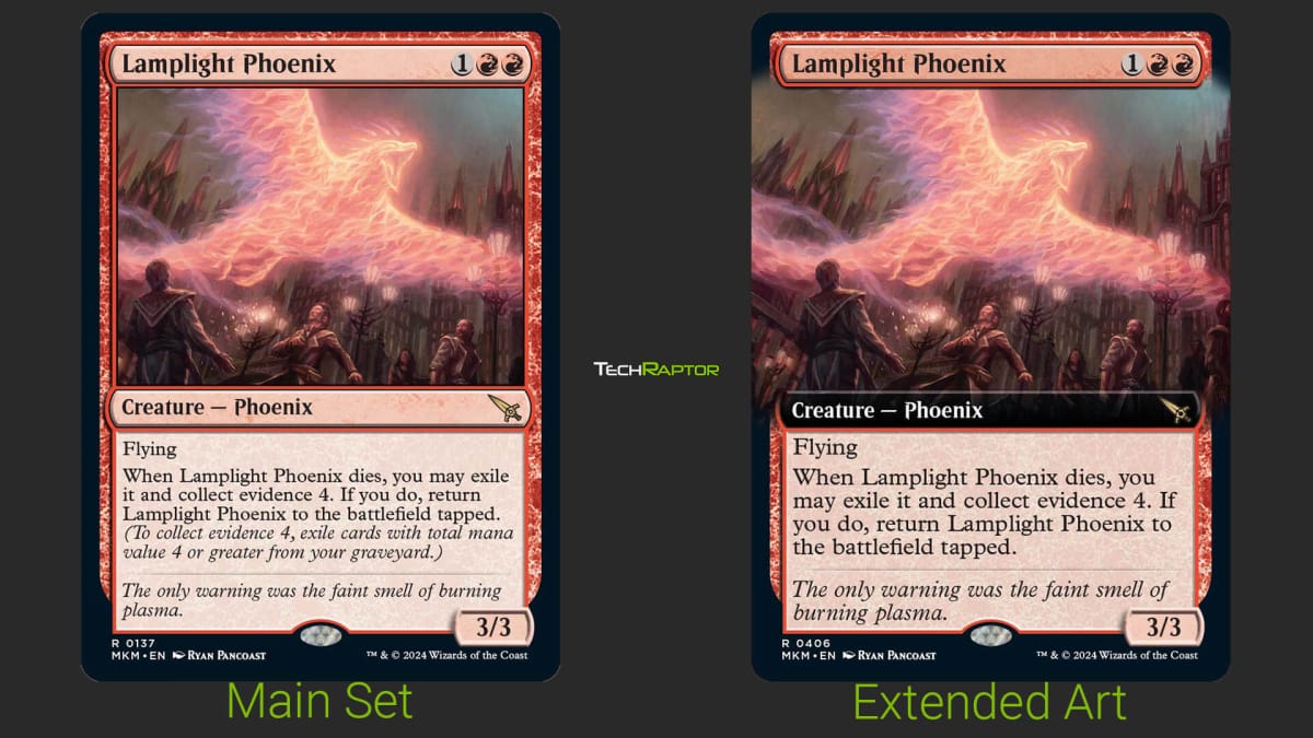 Magic The Gathering card Lamplight Phoenix from Murders at Karlov Manor - Both Main Set and Extended Art