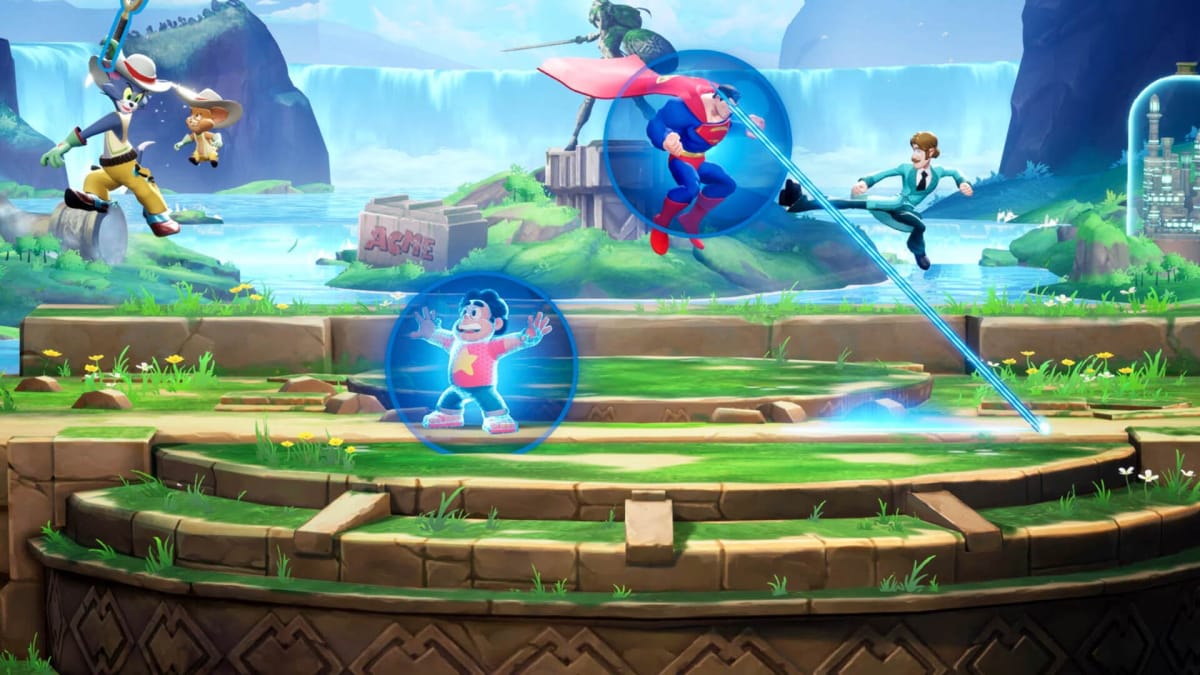 Steven Universe, Tom and Jerry, Superman, and Shaggy battling each other in MultiVersus