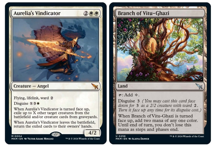 Artwork of two cards from Murders at Karlov Manor with the Disguise ability, Aurella's Vindicator and Branch of Vitu-Ghazi