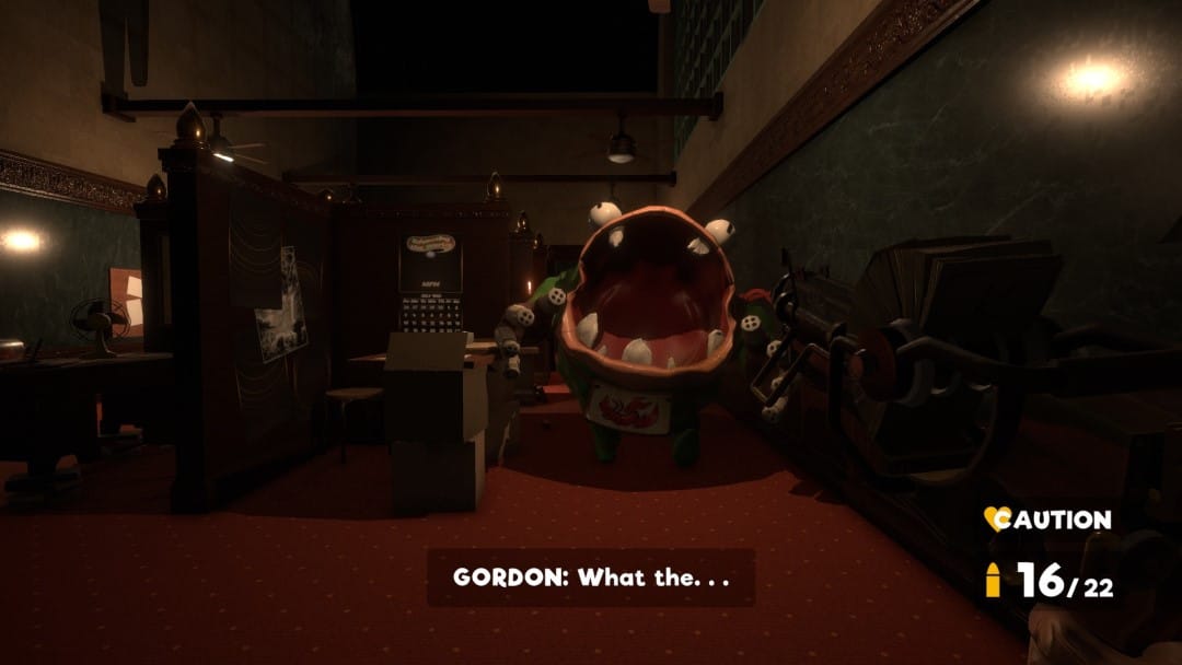 A screenshot of a giant green puppet monster with a big mouth charging through an office building