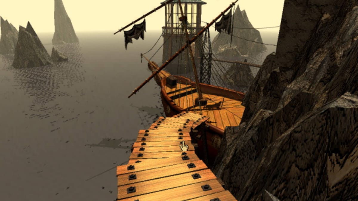 The player standing on a rickety pier with a ship ahead in Myst, a World Video Game Hall of Fame 2024 finalist