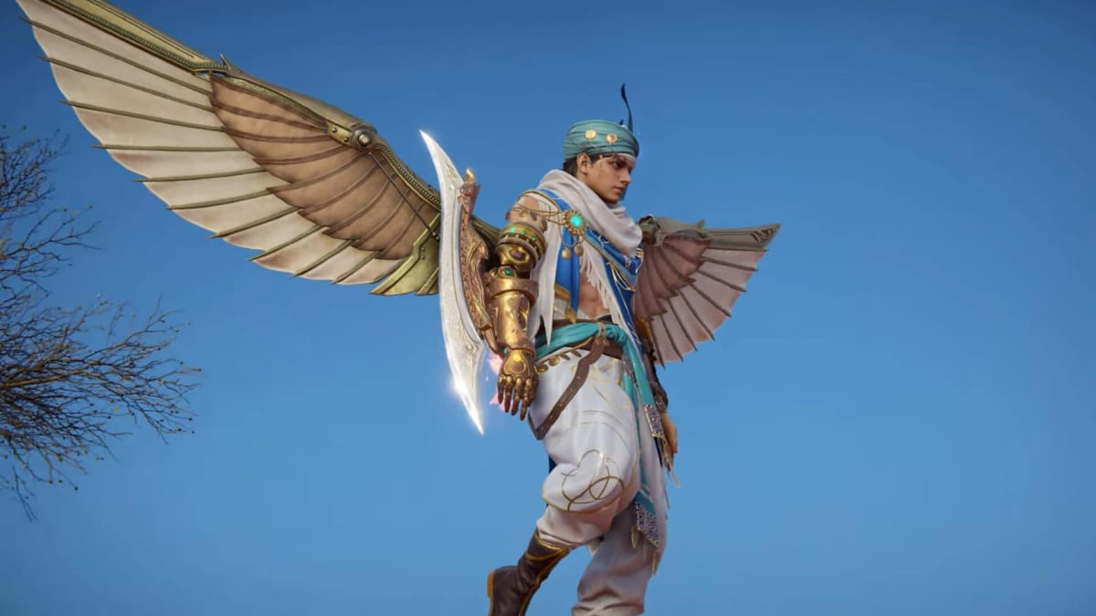 Hadi Ismail, the newest Naraka: Bladepoint hero, flying with his mechanical wings outstretched