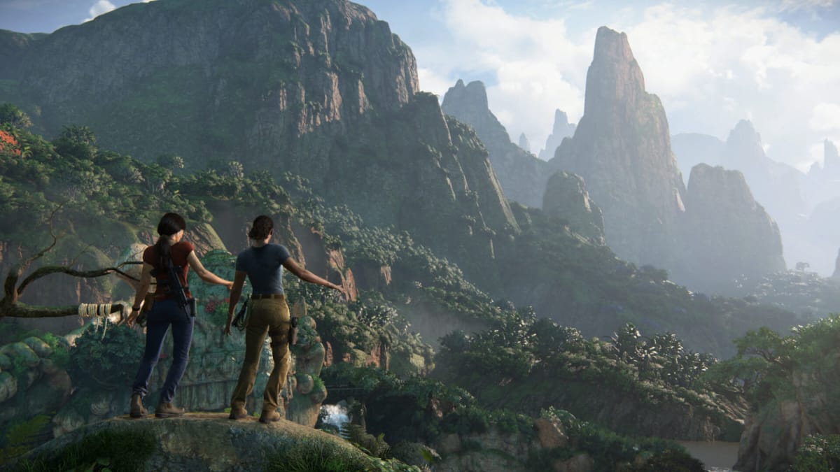 Chloe and Nadine looking out over a beautiful natural landscape in Uncharted: The Lost Legacy, a Naughty Dog game