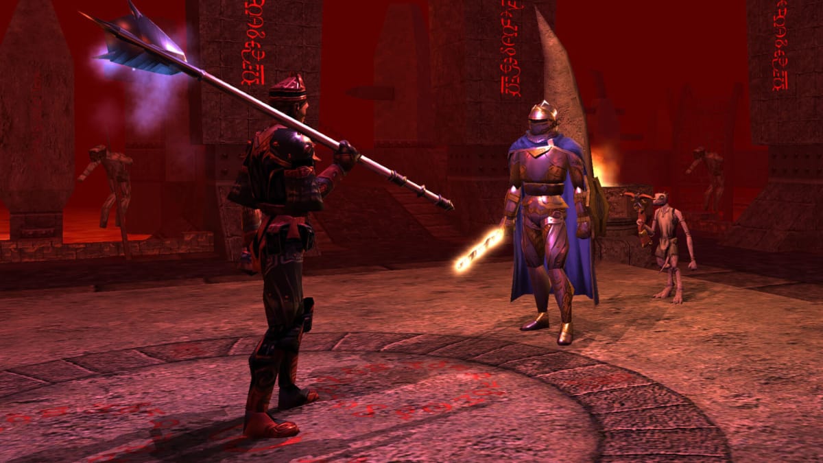 Hai nhân vật đứng ở một vị trí trông có vẻ xấu xa trong Neverwinter Nights, được xuất bản lần đầu bởi Infogrames