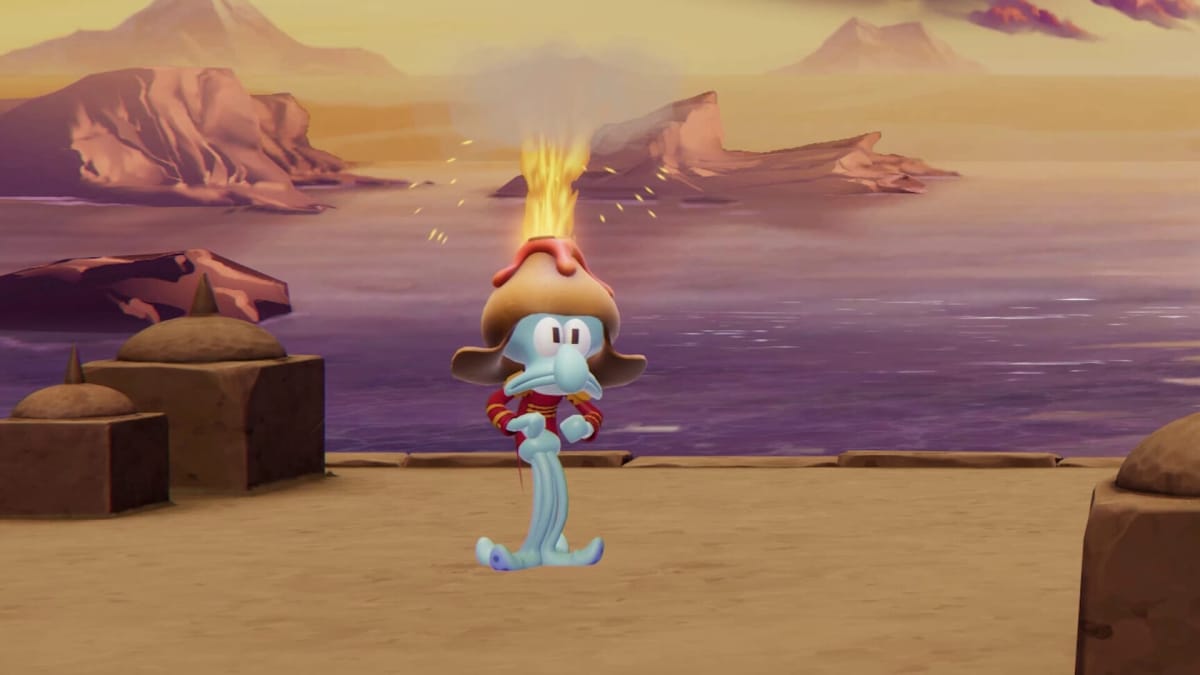 Squidward wearing a Captain Magma hat in Nickelodeon All-Star Brawl 2, which the SpongeBob Xbox is intended to promote