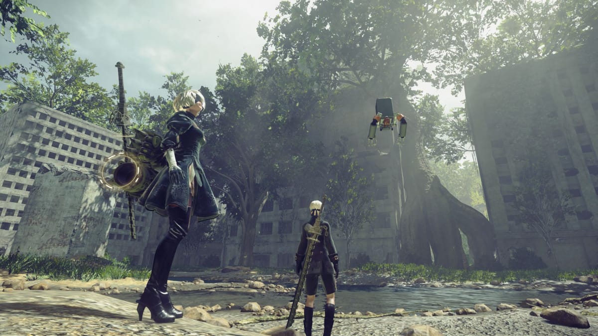 A screenshot from NieR: Automata, portraying 2B and 9S