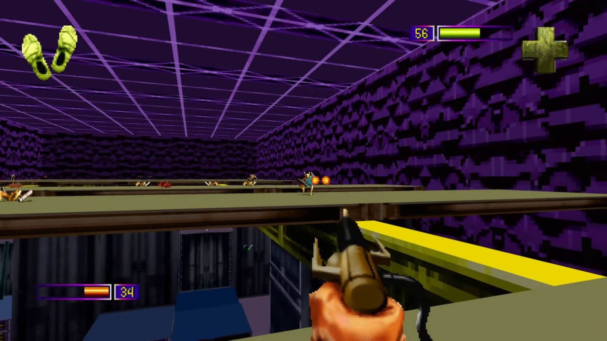 The player aiming at enemies in a strange-looking colorful environment in PO'ed: Definitive Edition by Nightdive Studios