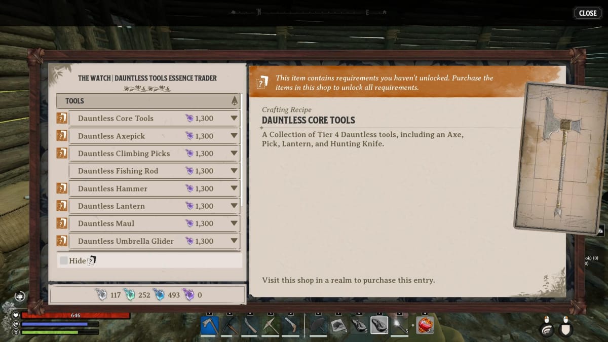 Unlocking Dauntless tier tools.