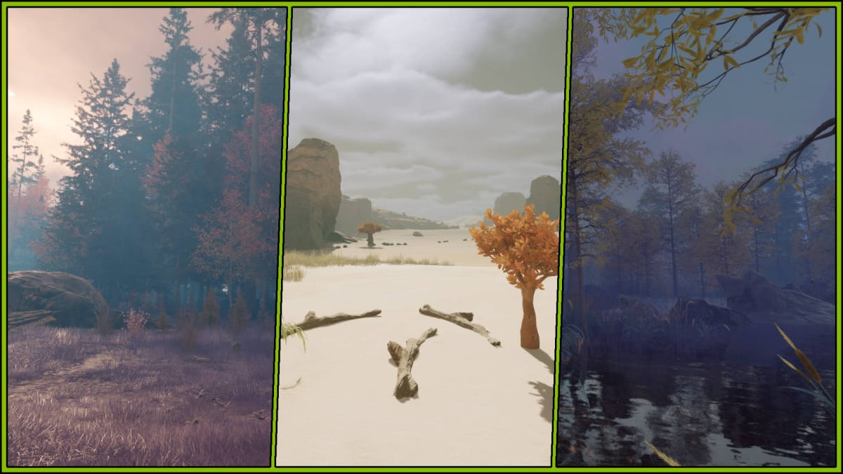 Nightingale Realms Guide - Provisioner Forest Biome Provisioner Desert Biome and Provisioner Swamp Biome Seperated by Green Lines