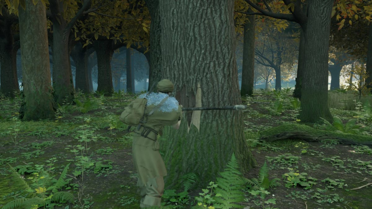 Nightingale Resources Guide - Player Character Chopping Down a Tree in a Forest Biome
