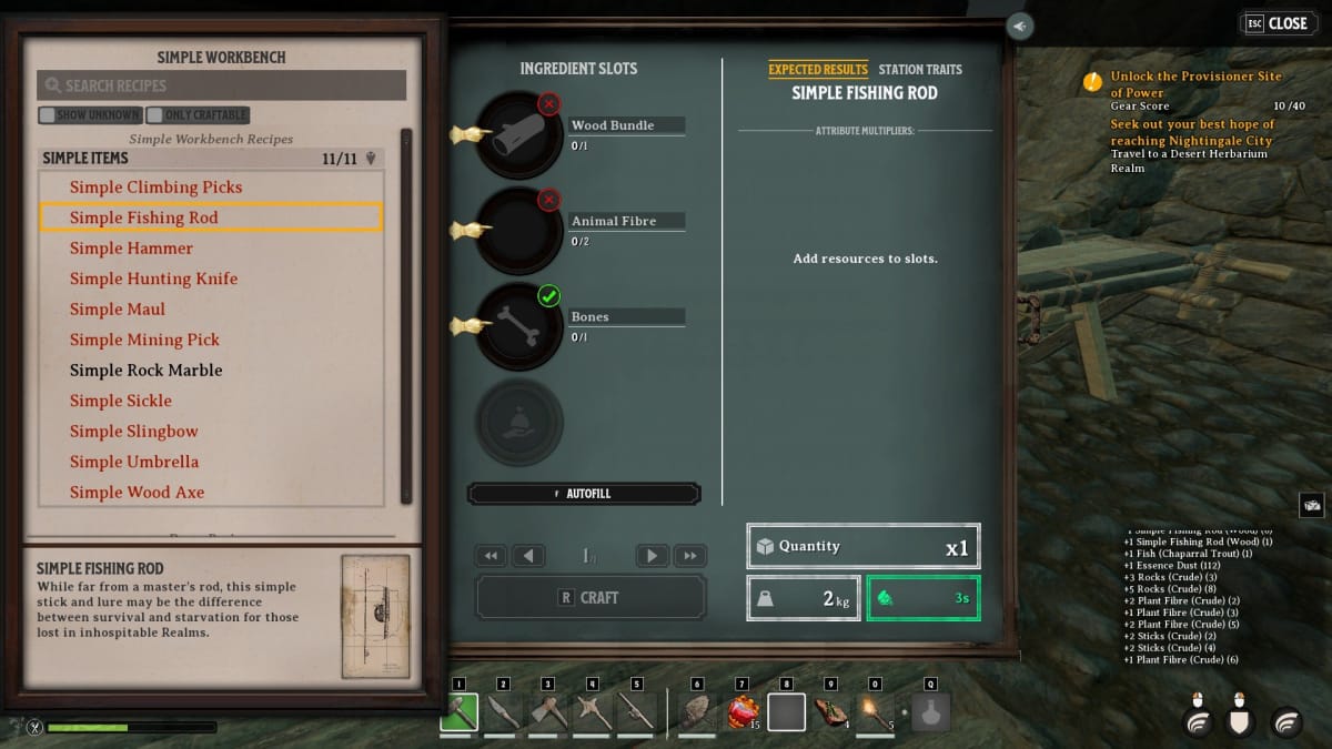 nightingale screenshot showing a crafting menu with a recipe for a fishing rod