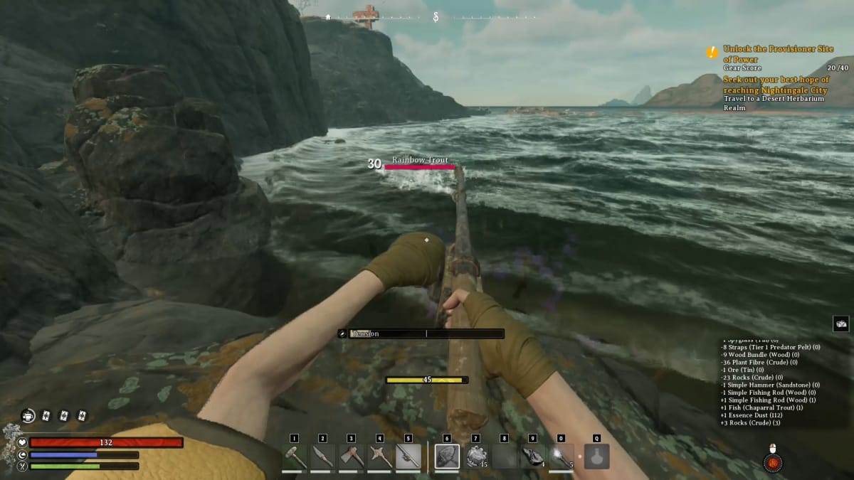 Nightingale Screenshot showing a person fishing in first-person 