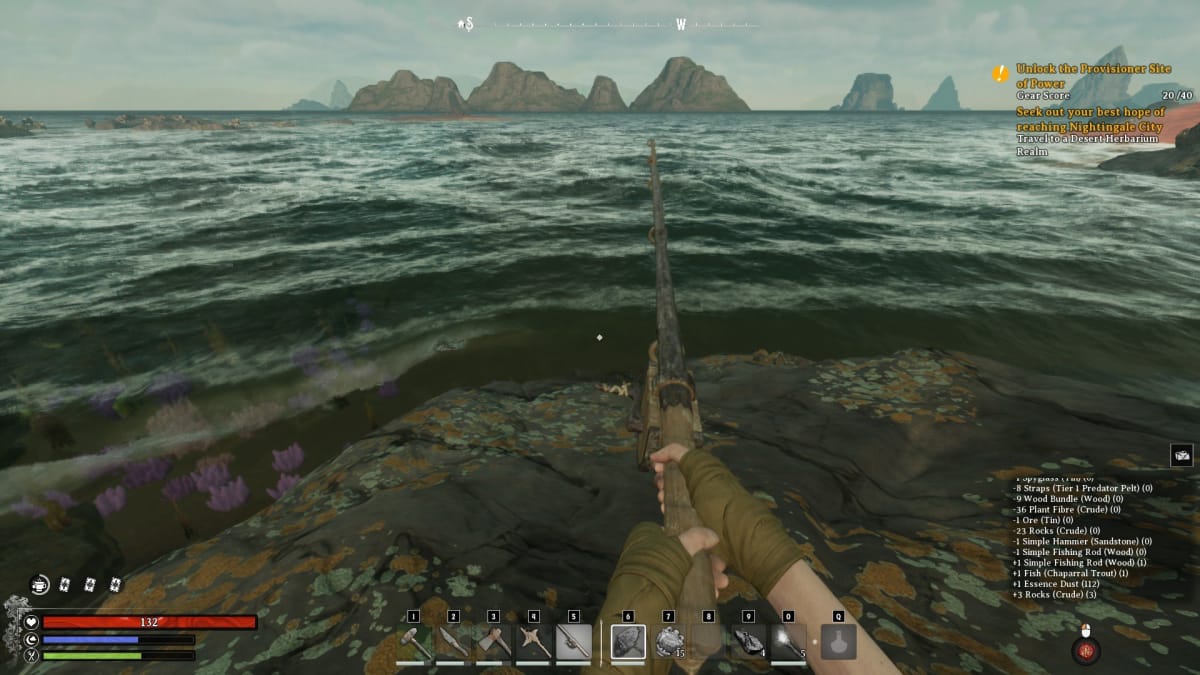 Nightingale screenshot showing a person holding a fishing rod near the open sea