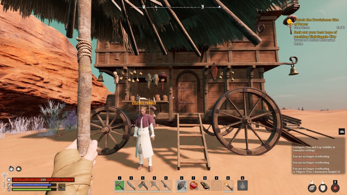 nightingale screenshot showing a stranger standing in front of a caravan in the desert with goods for sale on display
