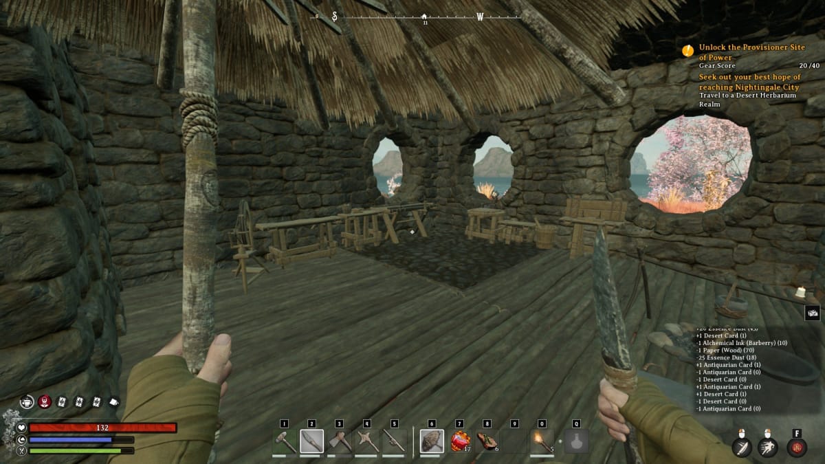 nightingale screenshot showing someone carrying an umbrella and a knife staring at a bunch of crafting stations