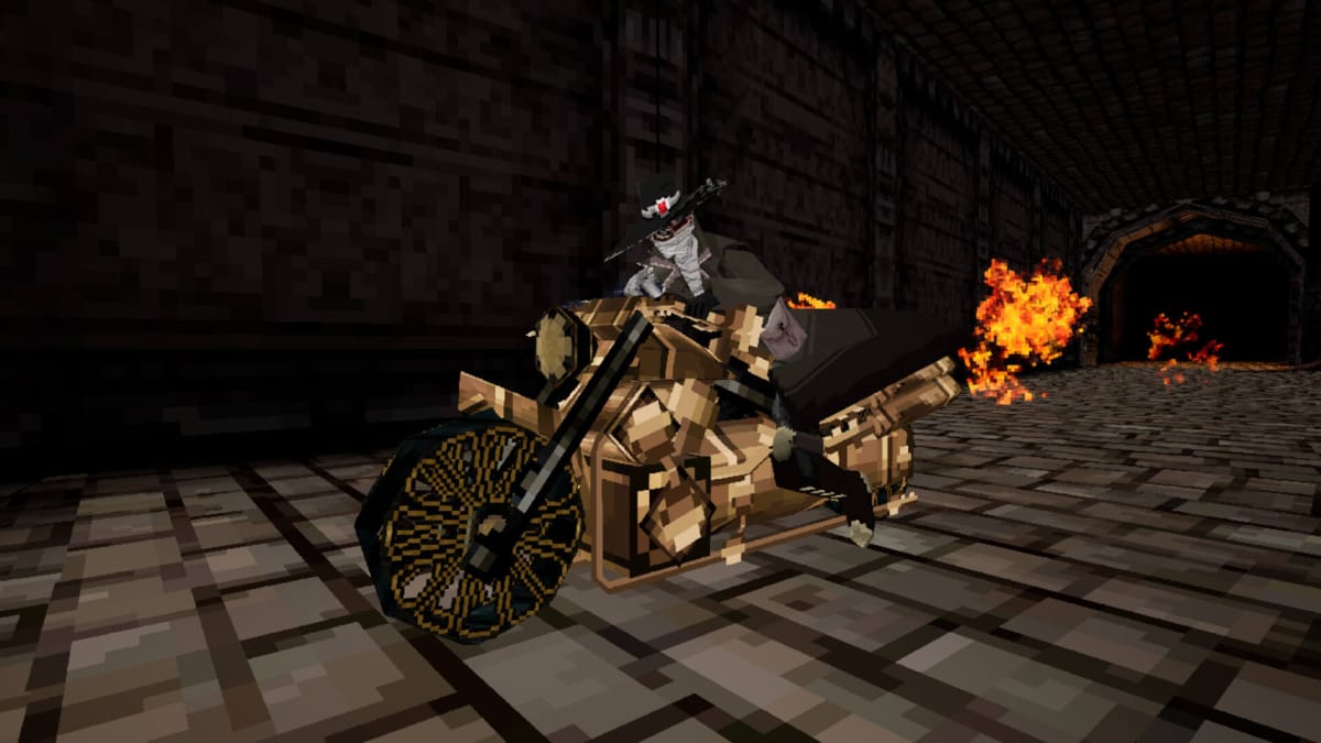 A hunter character riding a bike in Nightmare Kart, formerly known as Bloodborne Kart