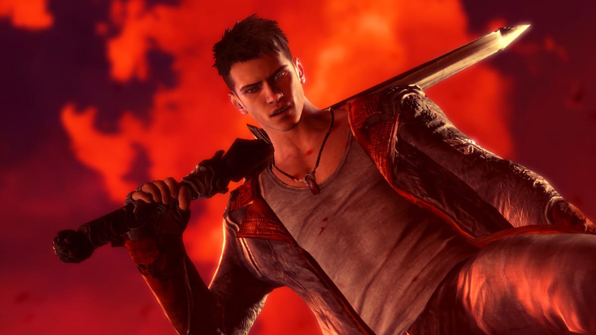 Dante with his sword on his shoulder in the Ninja Theory game DmC: Devil May Cry, which Tameem Antoniades directed