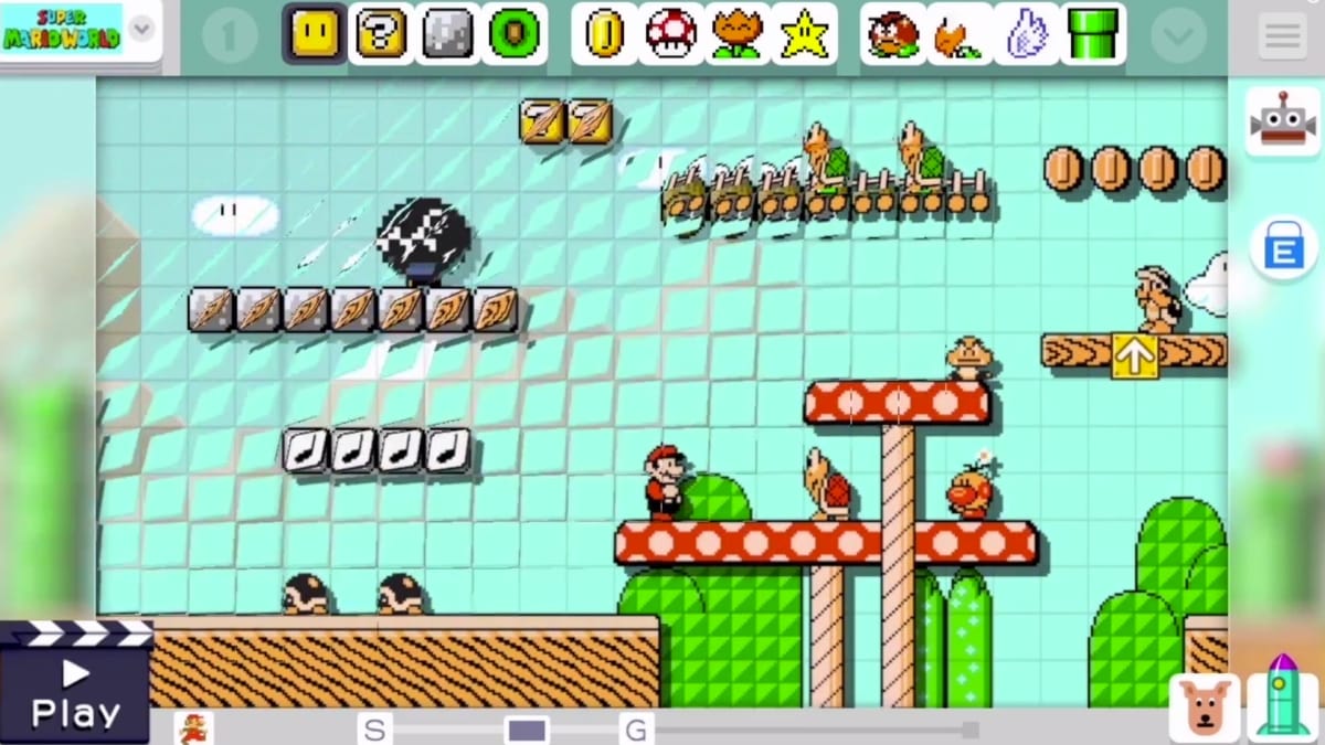 Nintendo Direct April Fools' Screenshot of upcoming Mario Maker title featuring some classic mario graphics and level design