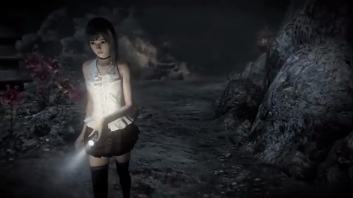 Nintendo Direct April Fools' Screenshot showing a new fatal frame game screenshot with a japanese teenage girl aloen in a rural location with a torch