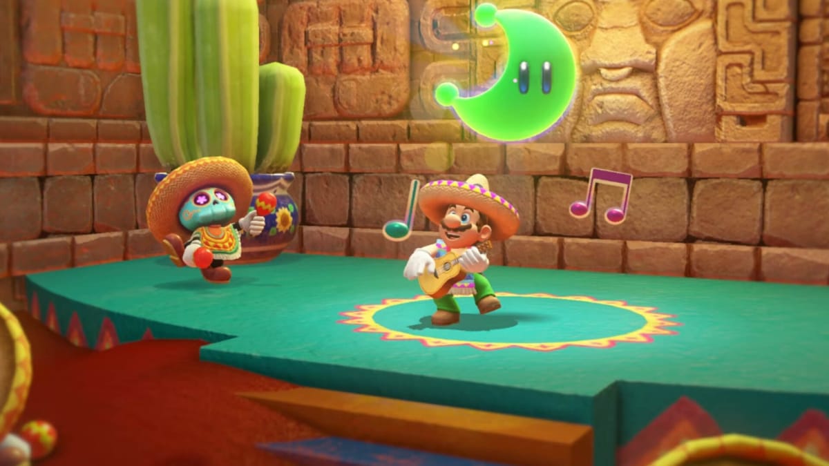 Mario nhảy múa với cây đàn guitar trong trò chơi Nintendo Super Mario Odyssey