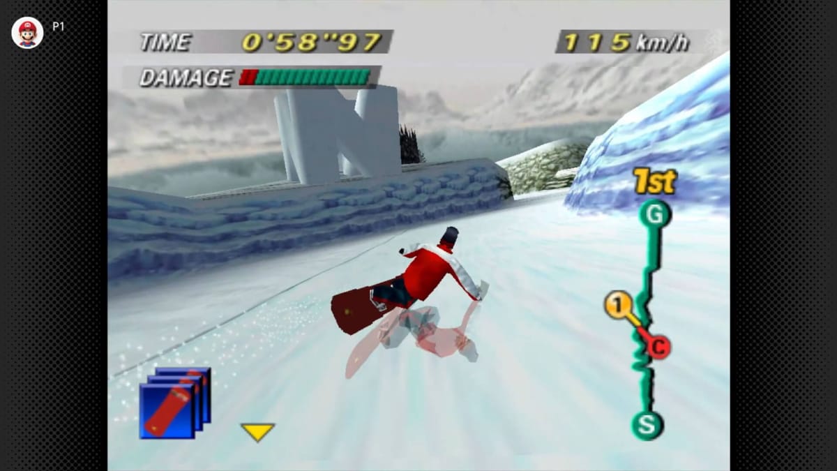 The player skidding around a corner in 1080° Snowboarding, a game that's now on Nintendo Switch Online