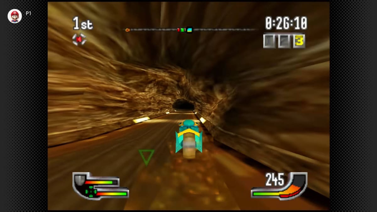 A player racing through a tunnel in the Nintendo Switch Online N64 game Extreme-G