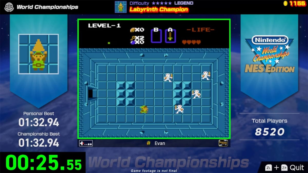 Link a The Legend of Zelda kazamata felfedezéséhez, amely a Nintendo World Championship: NES Edition része