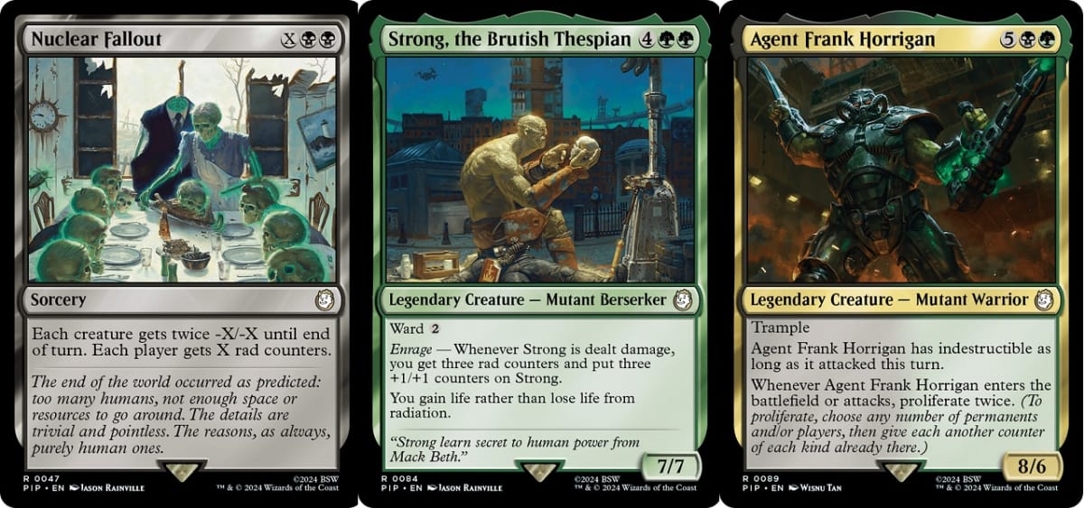 Fallout Universes Beyond MTG Cards Nuclear Fallout, Strong Brutish Theispian, and Agent Frank Horrigan