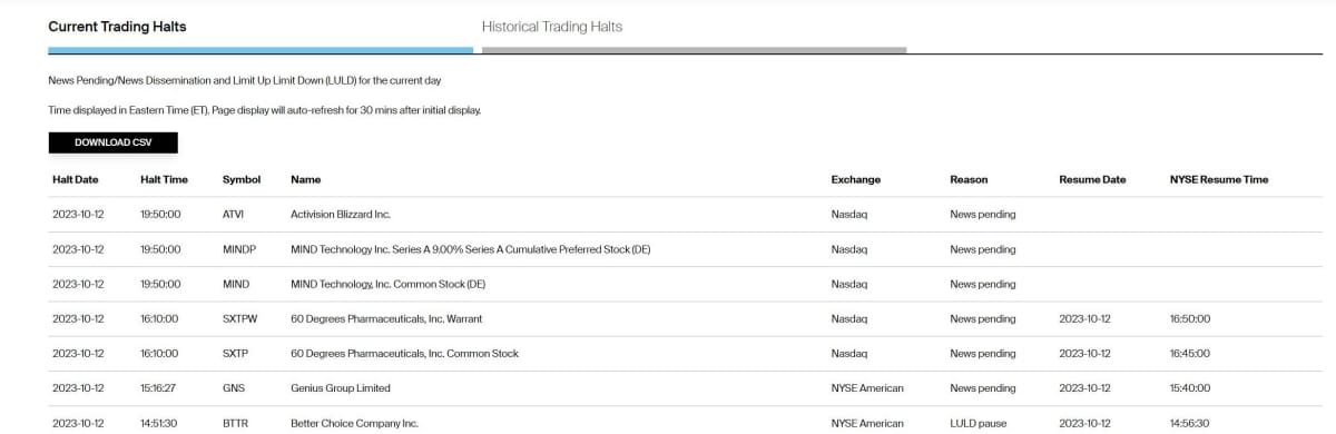 new York Stock Exchange Halts showing Activision halted due to "News pending"