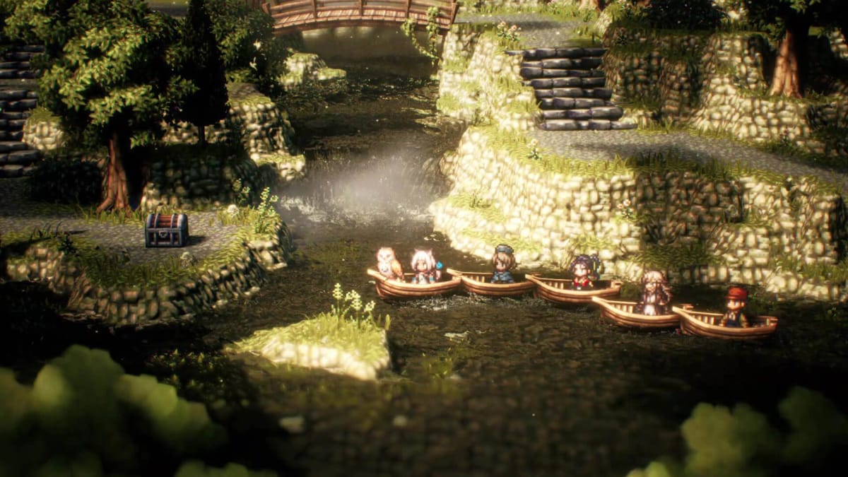 The party riding boats across a river in Octopath Traveler 2, a game co-developed by Acquire