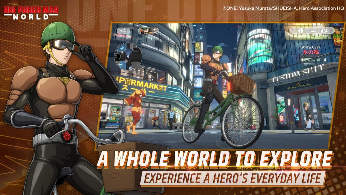 A shot describing the exploration segments of One Punch Man: World, showing Mumen Rider on his bike in the middle of a city