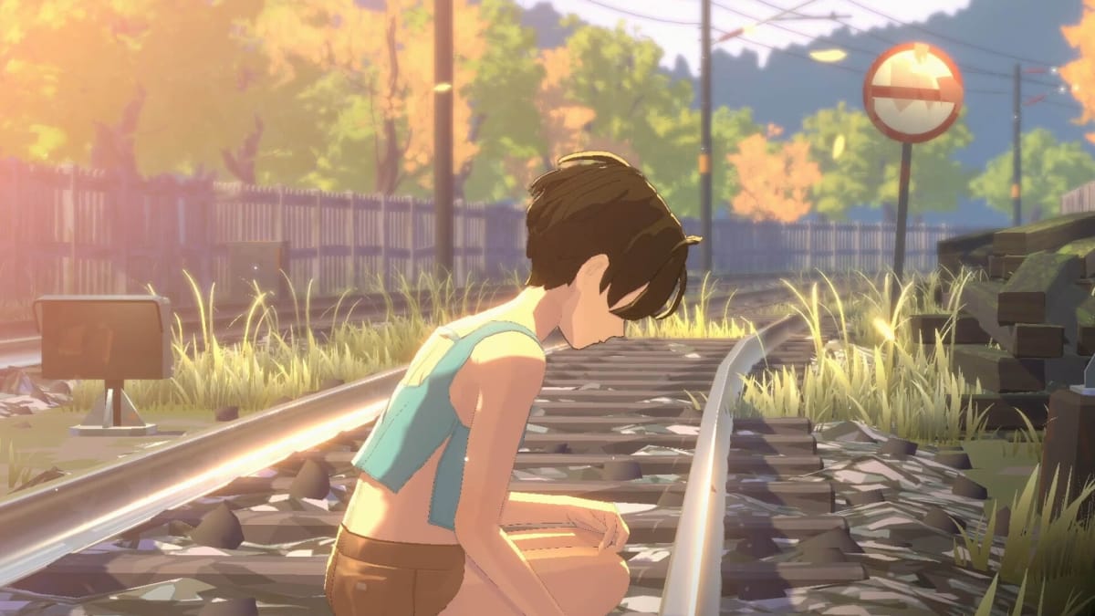 One of the main characters in Opus: Prism Peak kneeling down on some train tracks