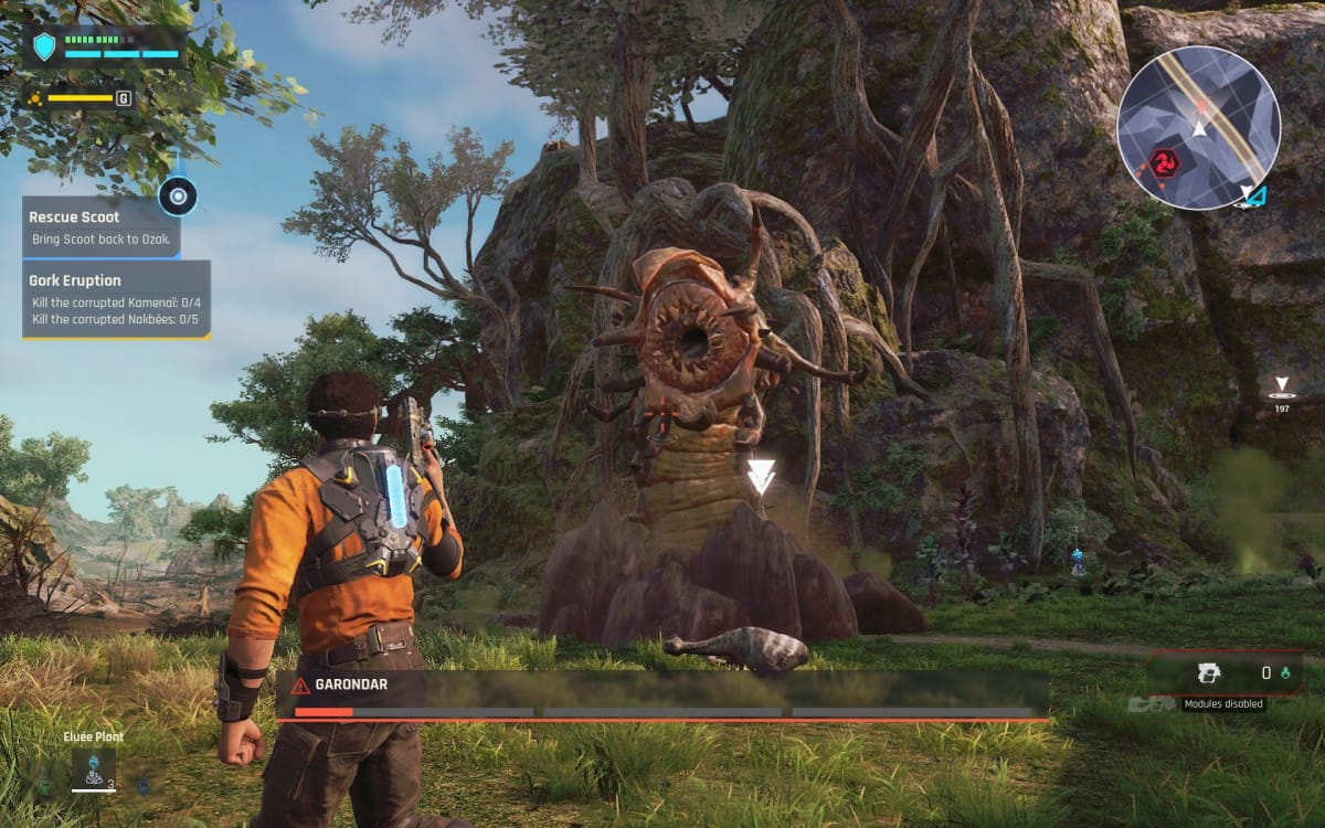 Outcast a New Beginning screenshot showing a man holding some sort of pistol as he stares a worm down