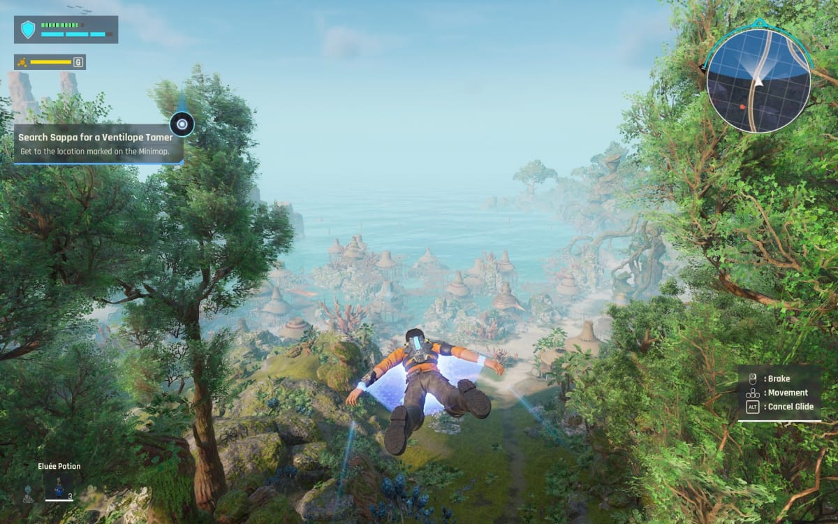 Outcast a New Beginning screenshot showing a man in an orange top gliding over a lush forest with a full GUI visible 