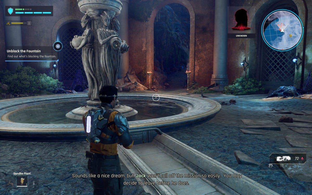Outcast a new beginning screenshot showing a man standing near a broken fountain