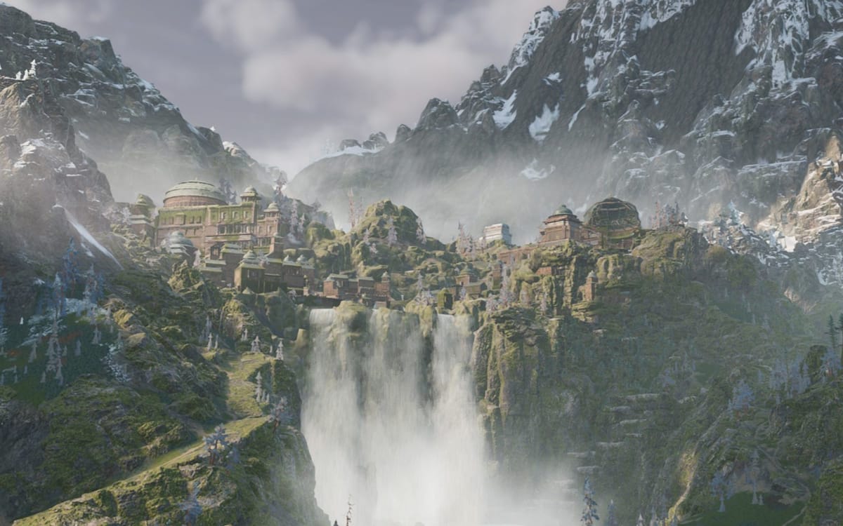 Outcast a New Beginning screenshot showing a town with a waterfall running from inside it off a big cliff