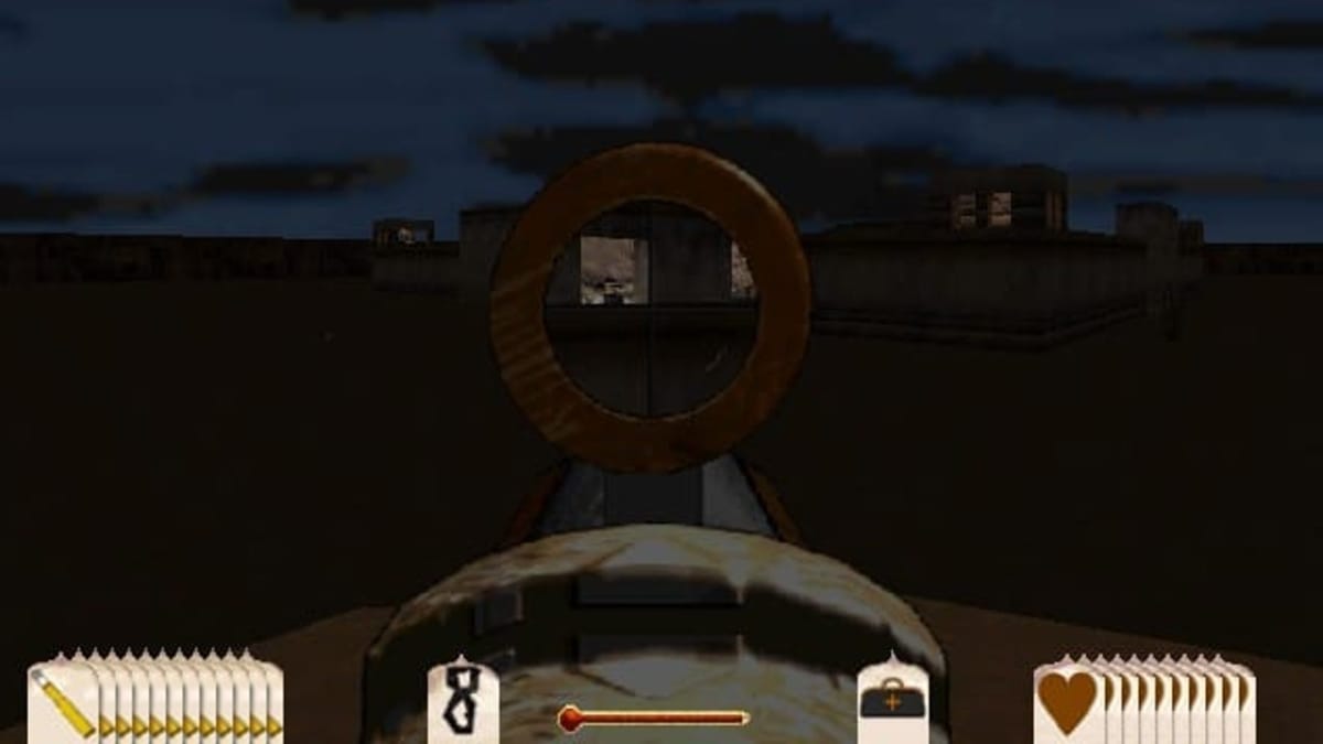 A person can be seen aiming a weapon at night