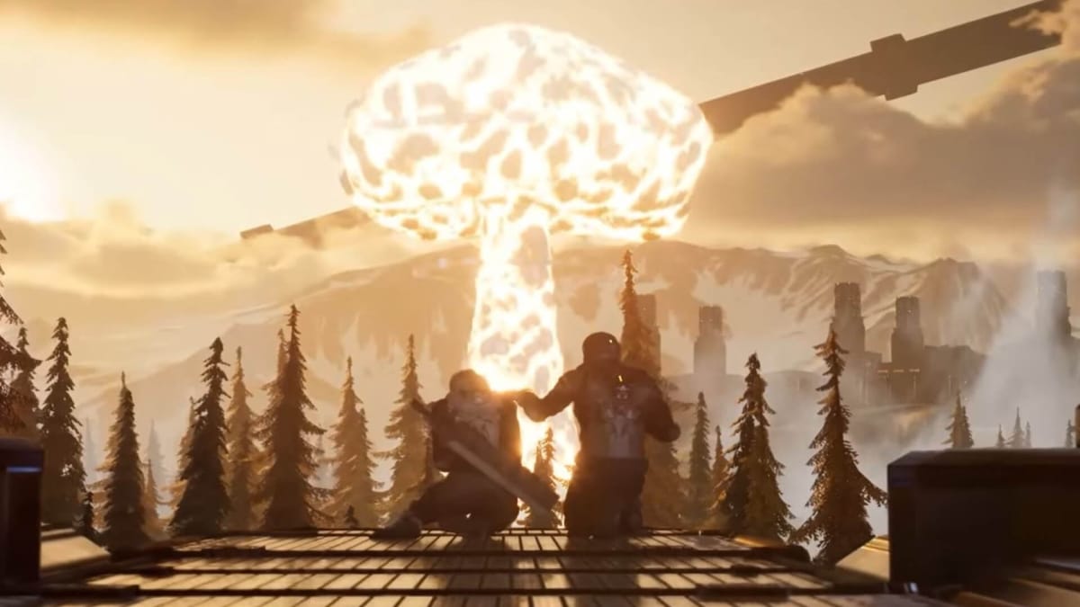 Two characters standing in front of a nuclear explosion in Outpost: Infinity Siege