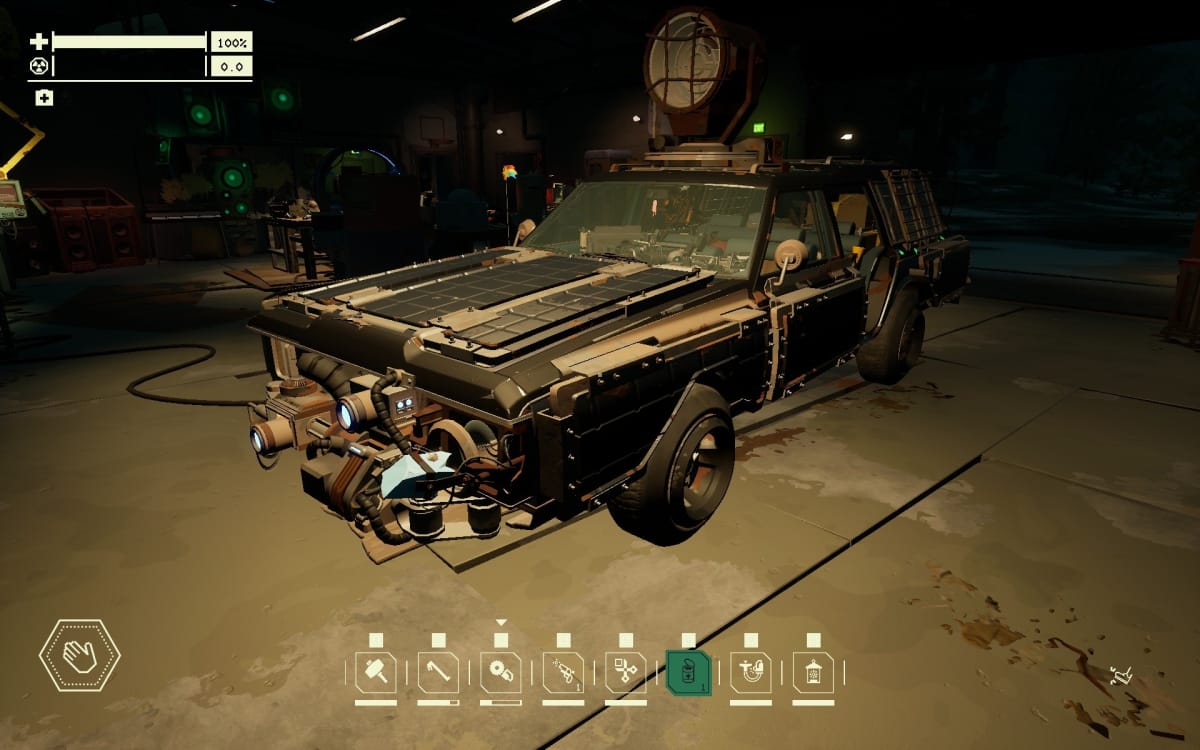 Pacific Drive screenshot showing a black car with heavy armor and a spotlight mounted on the roof