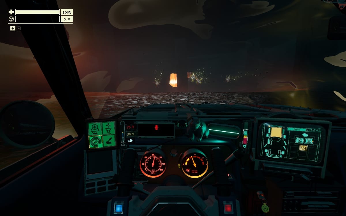 Pacific Drive screenshot showing a car driving towards a glowing collum while surrounded by orange light