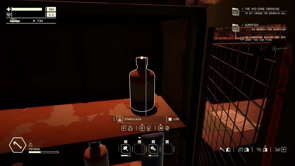 pacific drive screenshot showing a chemical bottle sitting on a shelf by itself