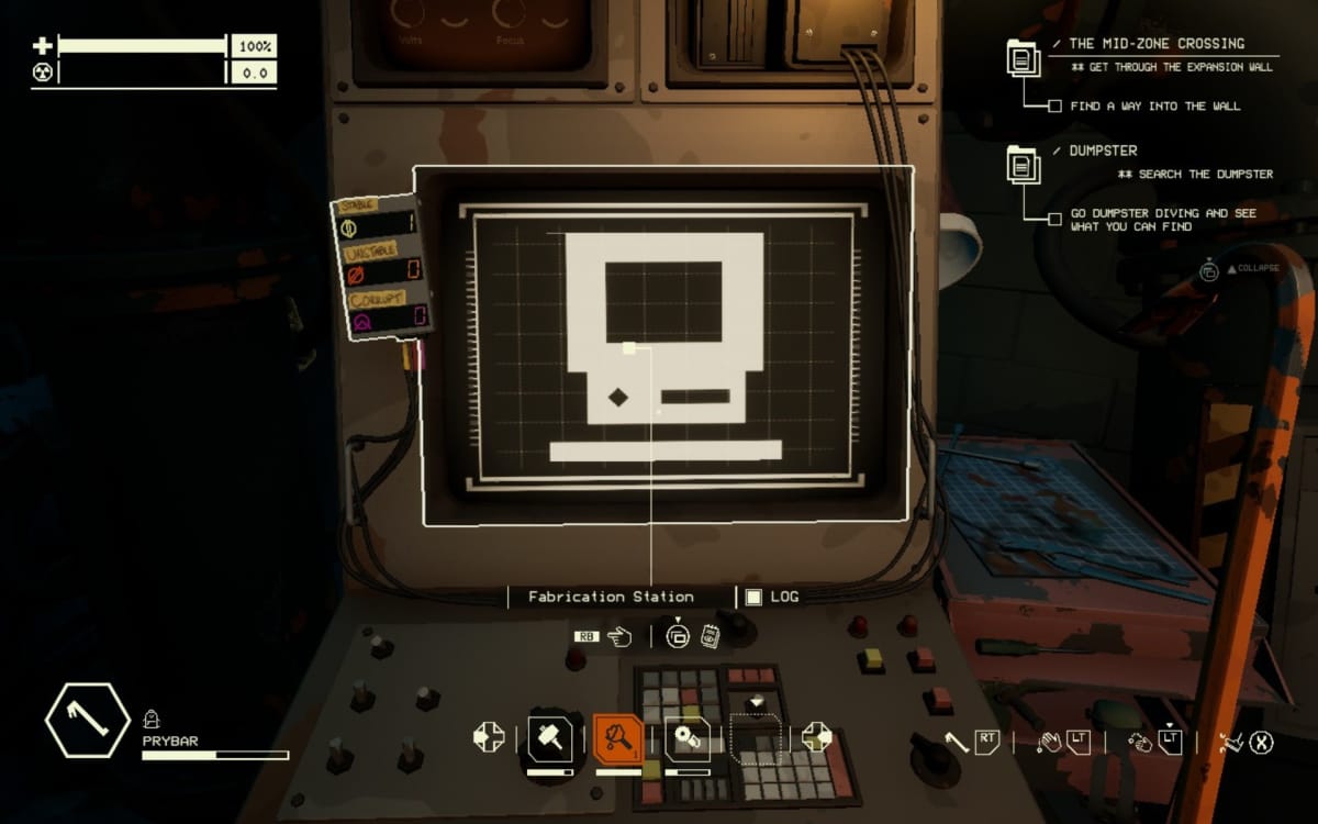 pacific drive screenshot showing a computer screen with a computer desktop symbol on it while the viewer holds a prybar