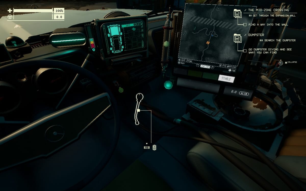 pacific drive screenshot showing a first person view of the inside of a car with a gear stick highlighted