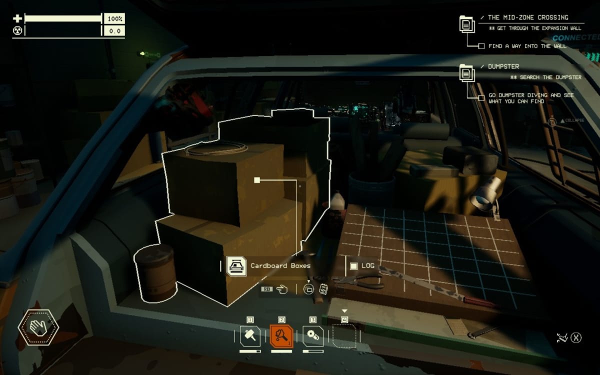 pacific drive screenshot showing a first person view of the trunk of a car with some cardboard boxes highlighted 