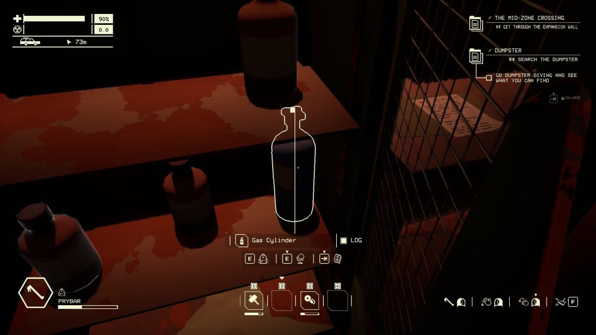 pacific drive screenshot showing a gas cylinder sitting on a shelf near some checmical bottles